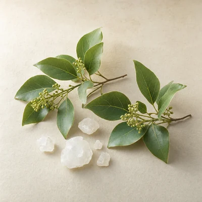 Camphor crystals and camphor tree leaves