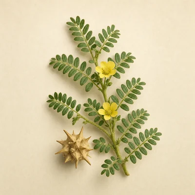 Tribulus terrestris — spiny seed-pod with yellow flowers